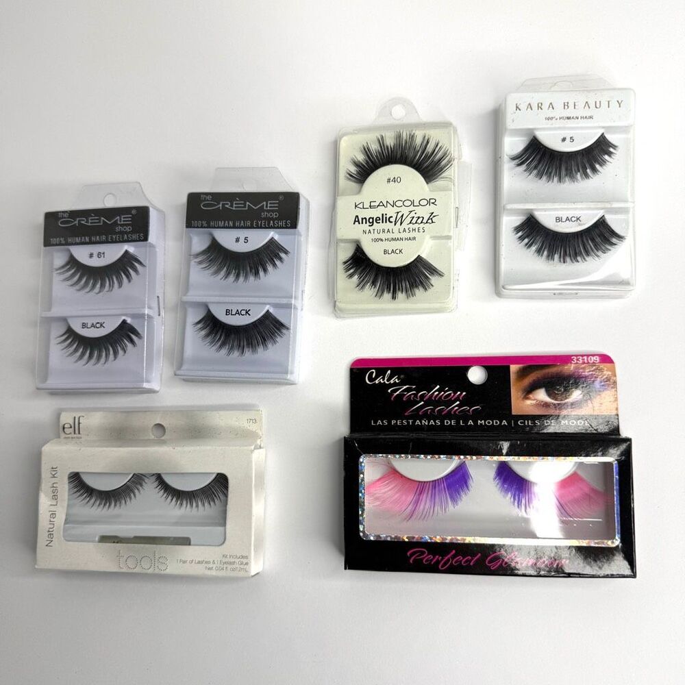 New False Eyelashes Lot of (6) Human Hair, Black, & Colorful Lashes